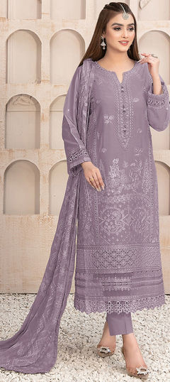 Purple and Violet color Salwar Kameez in Faux Georgette fabric with Embroidered, Thread work