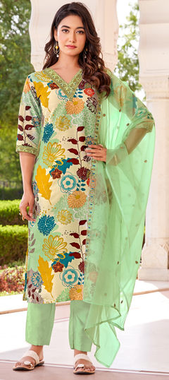 Beige and Brown color Salwar Kameez in Muslin fabric with Embroidered, Floral, Printed work