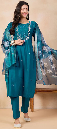 Blue color Salwar Kameez in Viscose fabric with Embroidered, Printed work