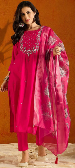 Pink and Majenta color Salwar Kameez in Viscose fabric with Embroidered, Printed work