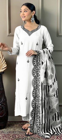 White and Off White color Salwar Kameez in Viscose fabric with Embroidered, Printed work