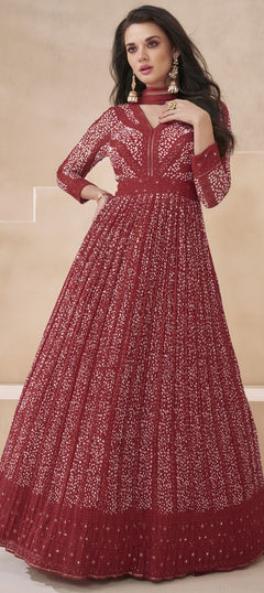 Red and Maroon color Gown in Georgette fabric with Embroidered, Thread work