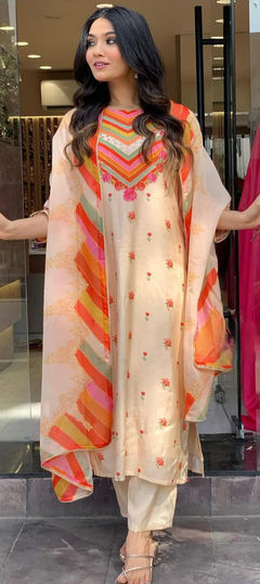 Orange color Salwar Kameez in Crepe Silk fabric with Embroidered, Printed work