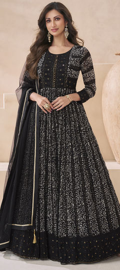 Black and Grey color Gown in Georgette fabric with Embroidered, Thread work