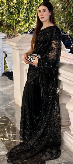 Festive, Party Wear Black and Grey color Saree in Georgette fabric with Classic Embroidered, Lace, Sequence work : 1960933