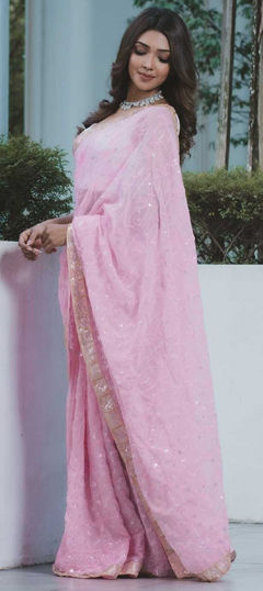 Festive, Party Wear Pink and Majenta color Saree in Georgette fabric with Classic Embroidered, Lace, Sequence work : 1960934