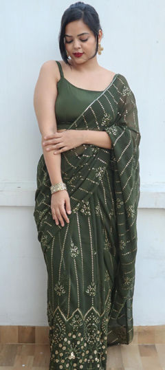 Festive, Party Wear Green color Saree in Georgette fabric with Classic Embroidered, Lace, Sequence work : 1960936