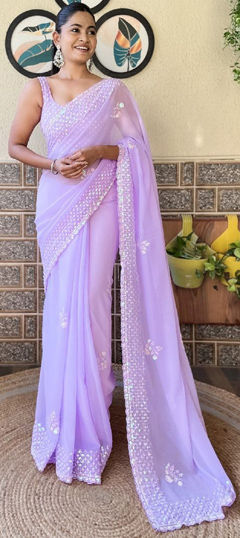 Purple and Violet color Saree in Georgette fabric with Embroidered, Sequence work