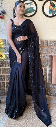 Black and Grey color Saree in Georgette fabric with Embroidered, Sequence work