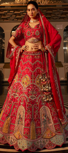 Bridal, Wedding Red and Maroon color Lehenga in Raw Silk fabric with Flared Bugle Beads, Embroidered, Sequence, Thread work : 1960977