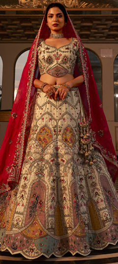 Bridal, Wedding Beige and Brown color Lehenga in Raw Silk fabric with Flared Bugle Beads, Embroidered, Sequence, Thread work : 1960978