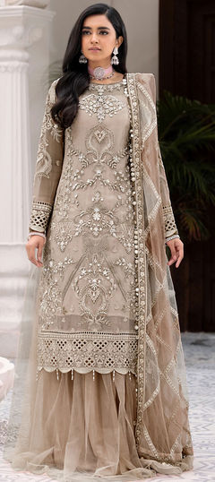 Beige and Brown color Long Lehenga Choli in Net fabric with Embroidered, Sequence, Stone work