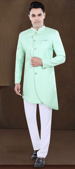 Green color IndoWestern Dress in Viscose fabric with Embroidered, Thread work