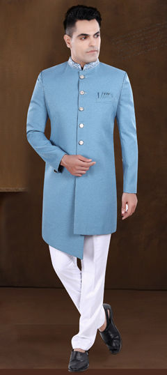 Blue color IndoWestern Dress in Viscose fabric with Embroidered, Thread work