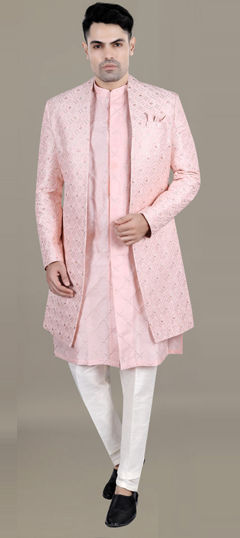 Pink and Majenta color IndoWestern Dress in Jacquard fabric with Embroidered, Resham, Sequence, Thread work