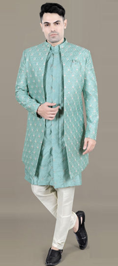 Blue color IndoWestern Dress in Jacquard fabric with Embroidered, Resham, Sequence, Thread work