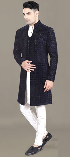 Blue color IndoWestern Dress in Velvet fabric with Embroidered, Resham, Sequence, Thread work