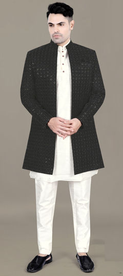 Black and Grey color IndoWestern Dress in Velvet fabric with Embroidered, Resham, Sequence, Thread work