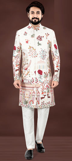 Beige and Brown color IndoWestern Dress in Silk fabric with Embroidered, Resham, Sequence, Thread work