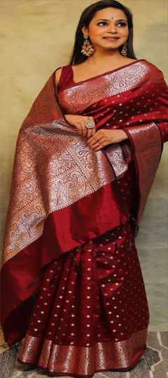 Red and Maroon color Saree in Art Silk fabric with Weaving work
