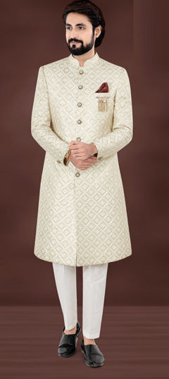 Beige and Brown color Sherwani in Jacquard fabric with Embroidered, Resham, Sequence, Thread work
