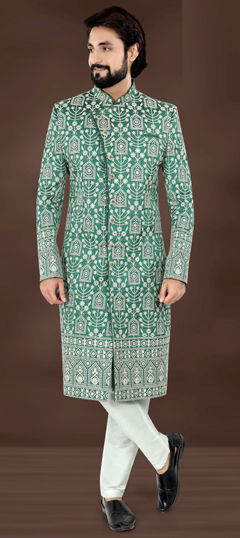 Green color Sherwani in Jacquard fabric with Embroidered, Resham, Sequence, Thread work