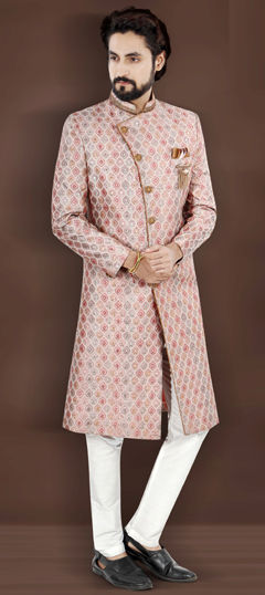 Pink and Majenta color Sherwani in Brocade fabric with Embroidered, Resham, Sequence, Thread work