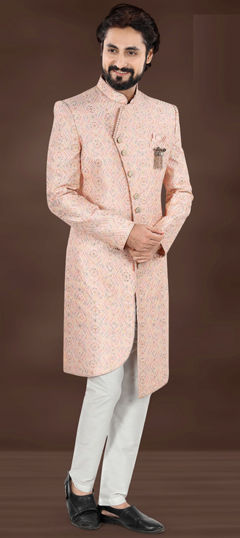 Pink and Majenta color Sherwani in Jacquard fabric with Embroidered, Resham, Sequence, Thread work