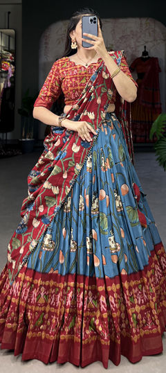 Multicolor color Lehenga in Tussar Silk fabric with Printed, Zari work