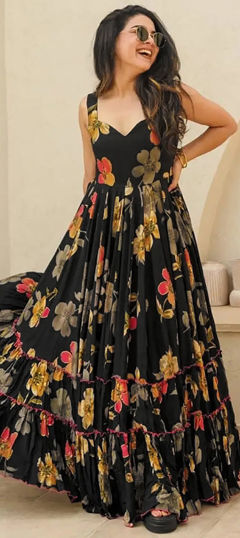 Festive, Party Wear, Reception Black and Grey color Gown in Rayon fabric with Digital Print, Floral work : 1961139