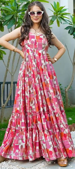 Festive, Party Wear, Reception Pink and Majenta color Gown in Rayon fabric with Digital Print work : 1961143