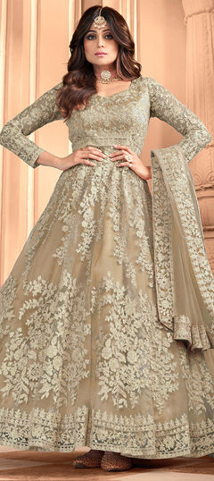 Beige and Brown color Salwar Kameez in Net fabric with Embroidered, Thread work