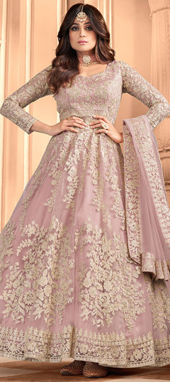 Pink and Majenta color Salwar Kameez in Net fabric with Embroidered, Thread work