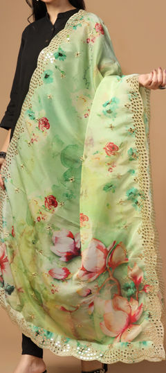 Festive, Party Wear Green color Dupatta in Organza Silk fabric with Digital Print, Mirror work : 1961220