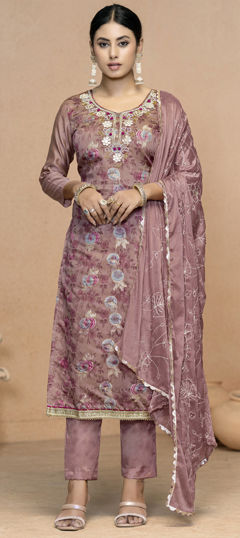 Purple and Violet color Salwar Kameez in Jacquard fabric with Bugle Beads, Floral, Printed, Thread, Weaving work