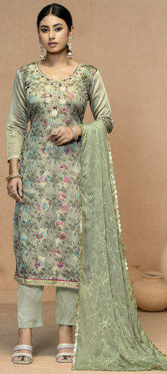 Green color Salwar Kameez in Jacquard fabric with Bugle Beads, Floral, Printed, Thread, Weaving work