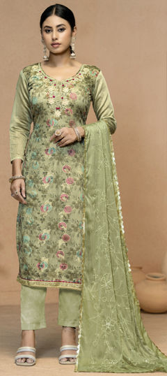 Green color Salwar Kameez in Jacquard fabric with Bugle Beads, Floral, Printed, Thread, Weaving work