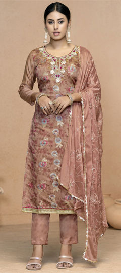 Pink and Majenta color Salwar Kameez in Jacquard fabric with Bugle Beads, Floral, Printed, Thread, Weaving work