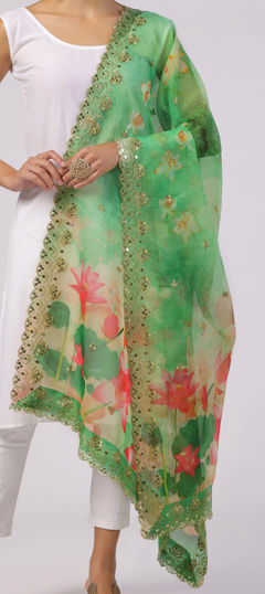 Green color Dupatta in Organza Silk fabric with Digital Print, Sequence work