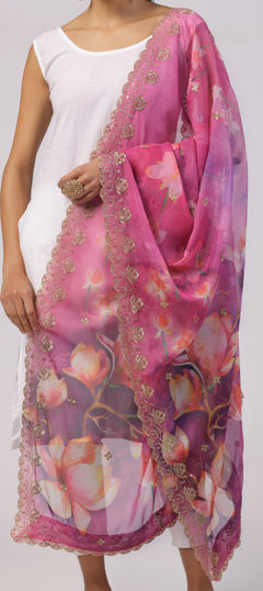 Pink and Majenta color Dupatta in Organza Silk fabric with Digital Print, Sequence work