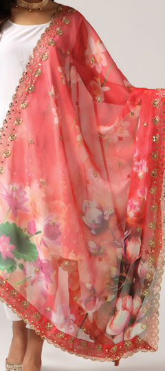 Red and Maroon color Dupatta in Organza Silk fabric with Digital Print, Sequence work