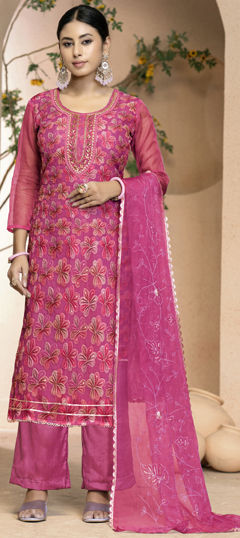 Pink and Majenta color Salwar Kameez in Organza Silk fabric with Bugle Beads, Lace, Printed, Sequence work