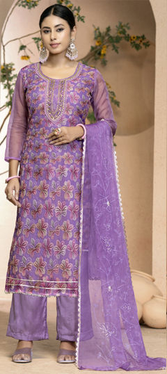 Purple and Violet color Salwar Kameez in Organza Silk fabric with Bugle Beads, Lace, Printed, Sequence work