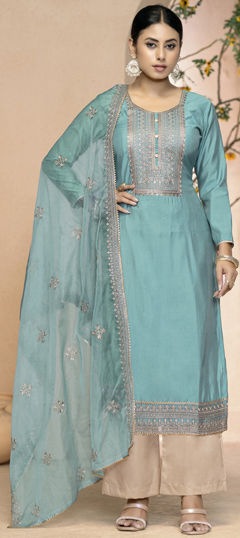 Green color Salwar Kameez in Art Silk fabric with Embroidered, Zari work