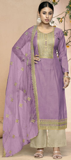Purple and Violet color Salwar Kameez in Art Silk fabric with Embroidered, Zari work