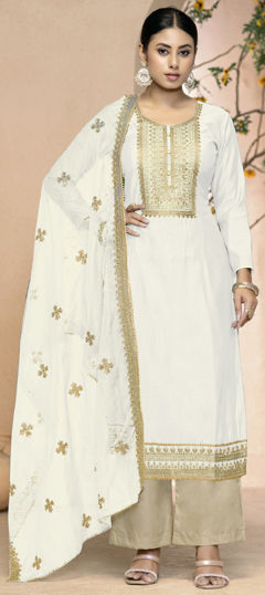 White and Off White color Salwar Kameez in Art Silk fabric with Embroidered, Zari work