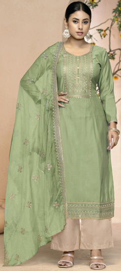 Green color Salwar Kameez in Art Silk fabric with Embroidered, Zari work