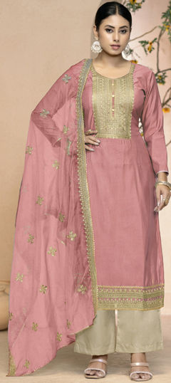 Pink and Majenta color Salwar Kameez in Art Silk fabric with Embroidered, Zari work