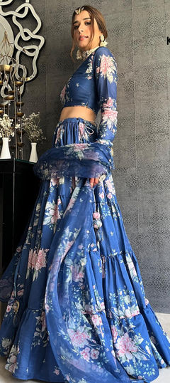 Festive, Party Wear, Reception Blue color Lehenga in Organza Silk fabric with Flared Floral, Printed work : 1961311