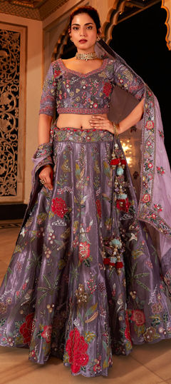 Bridal, Reception, Wedding Purple and Violet color Lehenga in Satin Silk fabric with Flared Bugle Beads, Patch, Sequence work : 1961313